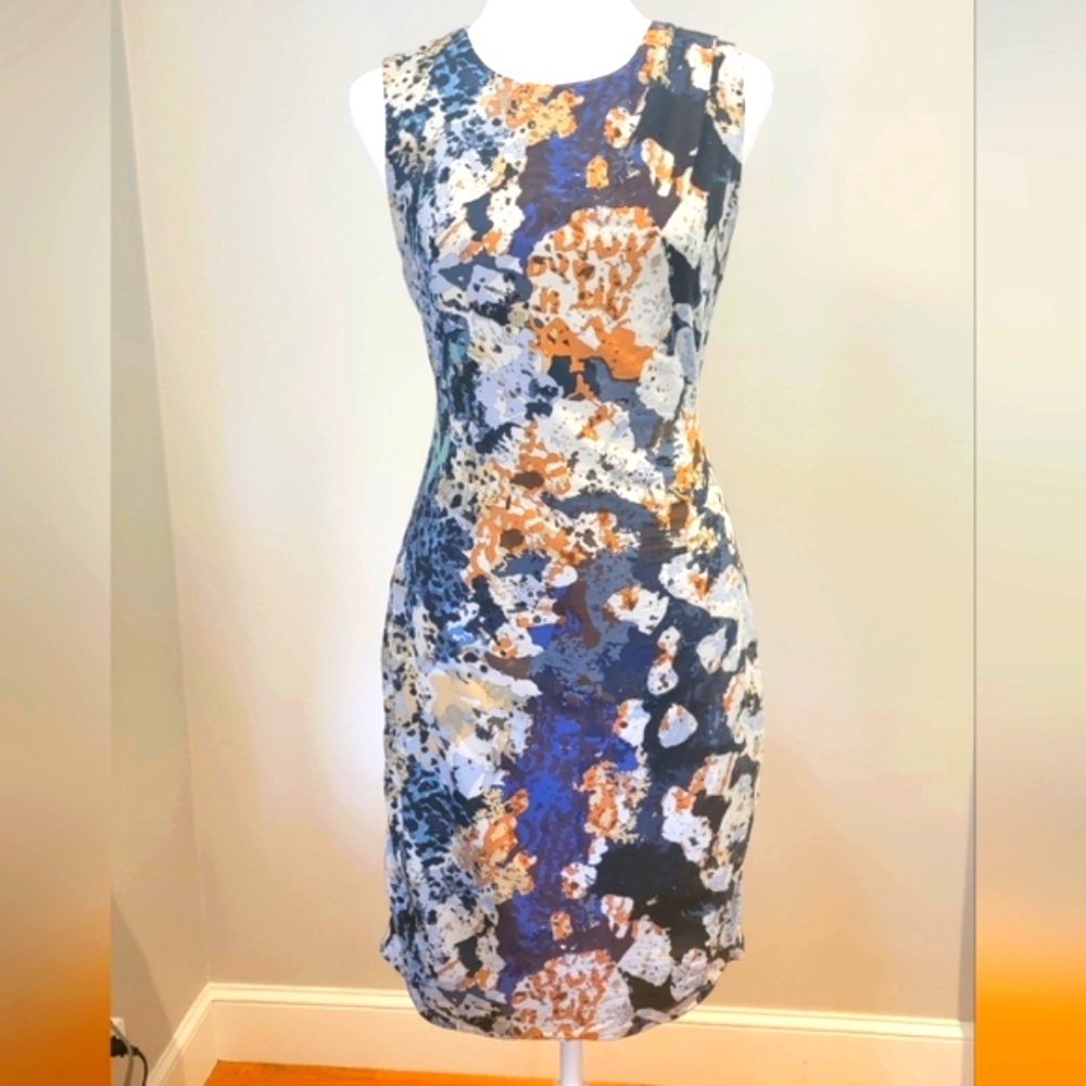 Andrew Marc silk blend blue floral sleeveless sheath dress 4